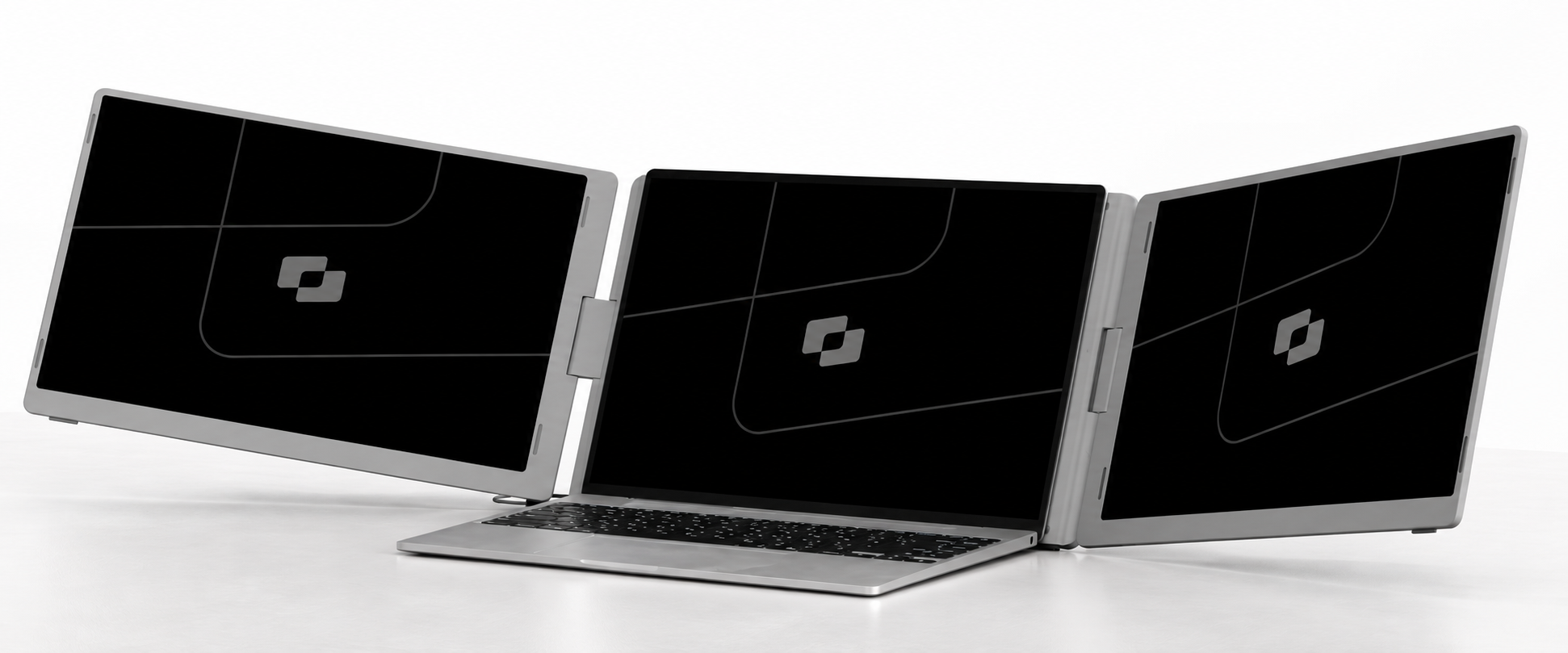 Screenmate OneCable 16 with two portable side monitors connected to a laptop on a lightweight table