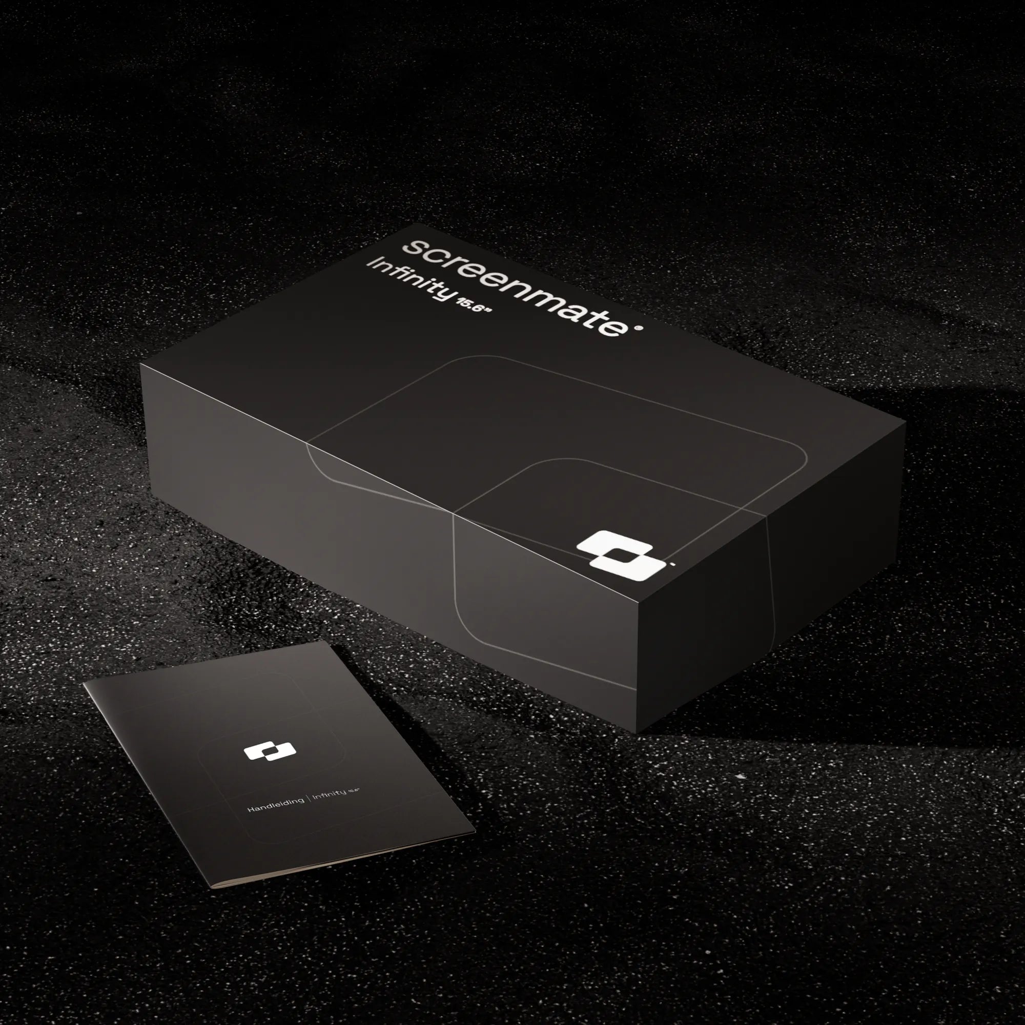 Verpakking van de Screenmate Infinity 15,6 inch met handleiding op een donkere ondergrond