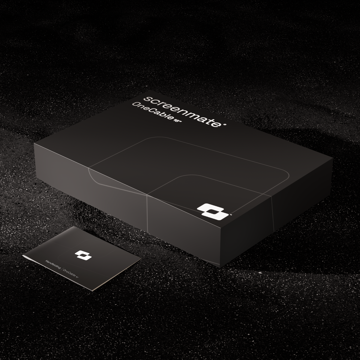 OneCable 16″ — Verpackung des Screenmate OneCable mit Bedienungsanleitung auf dunklem Hintergrund