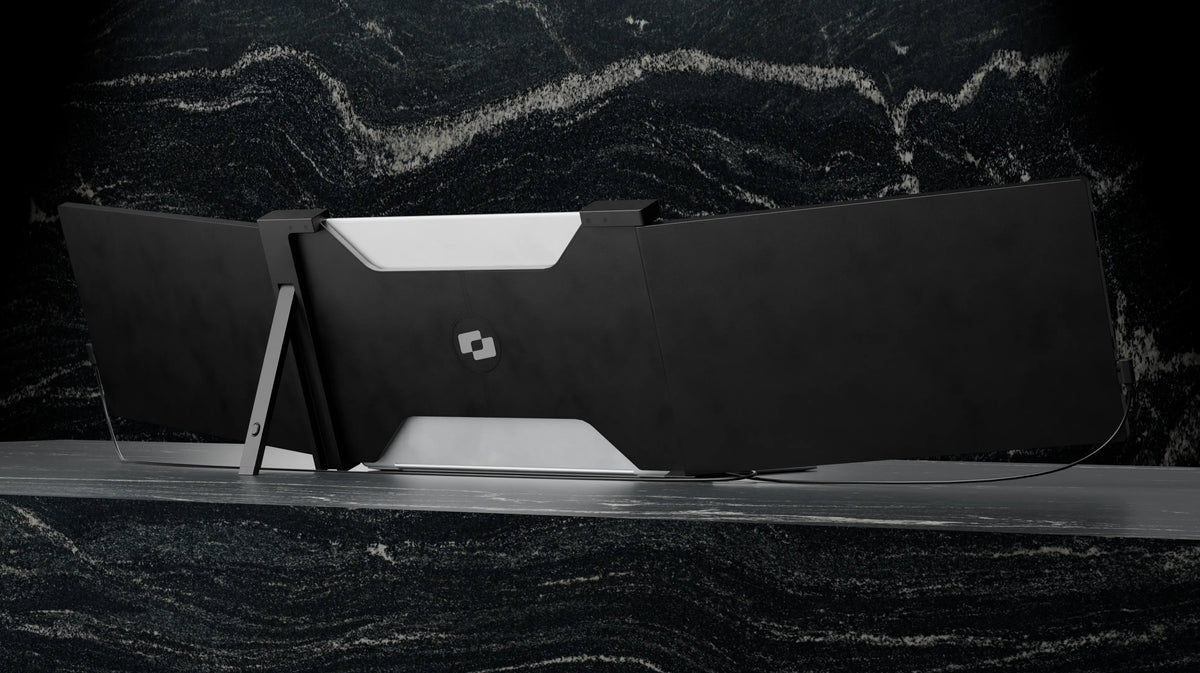 Expand 14″ — Achterkant van de Screenmate Expand met uitgeklapte schermen, standaard en kabels zichtbaar