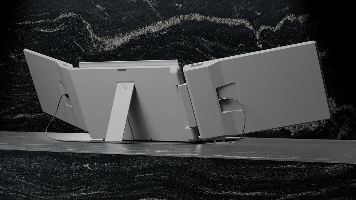 Flip 15.6″ — Back of the Screenmate Flip with side screens unfolded, showing the stand and cables