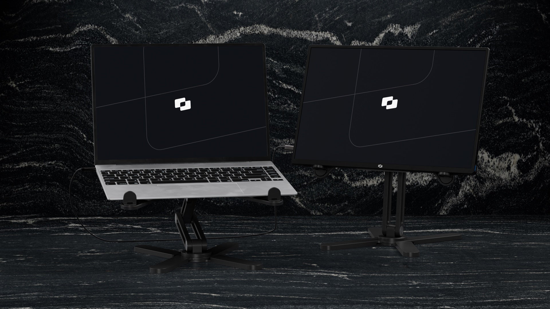 Laptop and Screenmate monitor on two separate DeskStands; devices not included