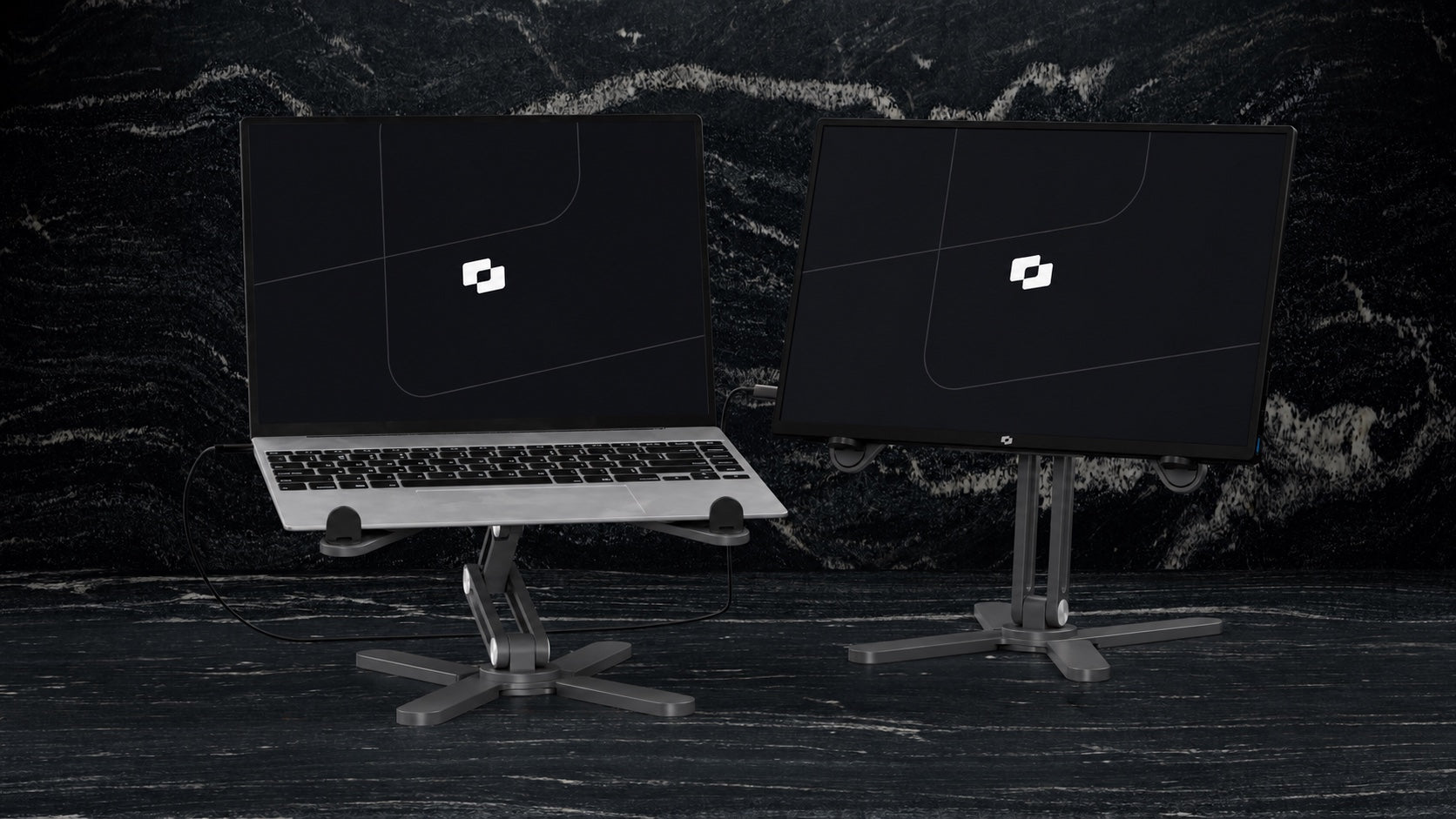 Laptop and Screenmate monitor on two separate DeskStands; devices not included