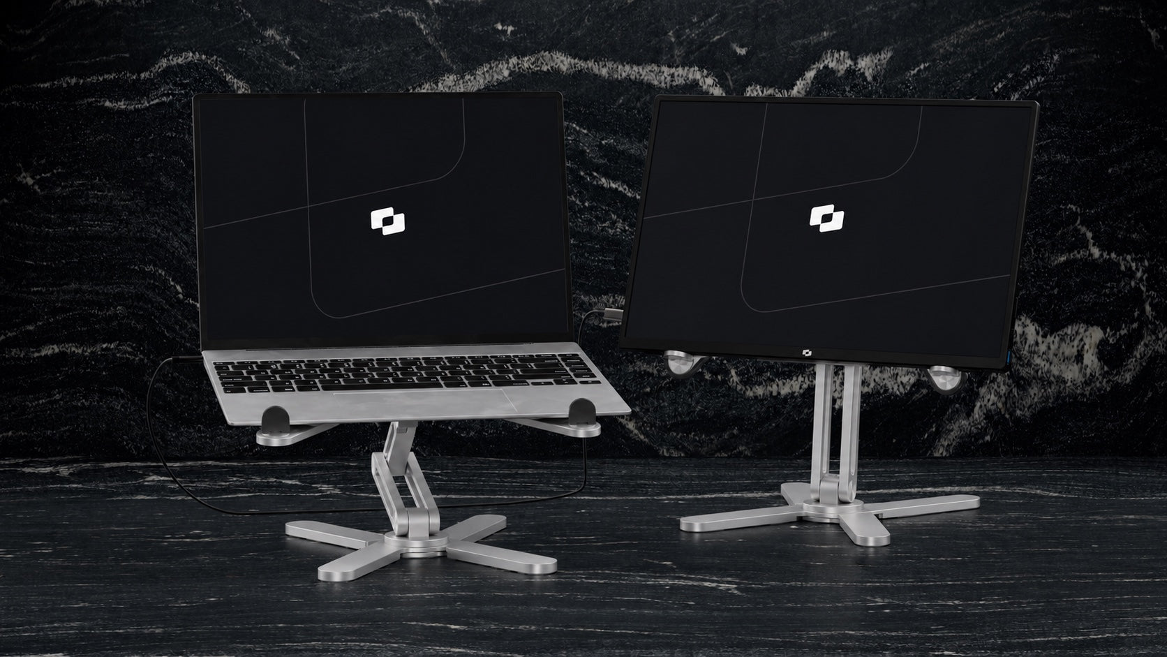 Laptop and Screenmate monitor on two separate DeskStands; devices not included