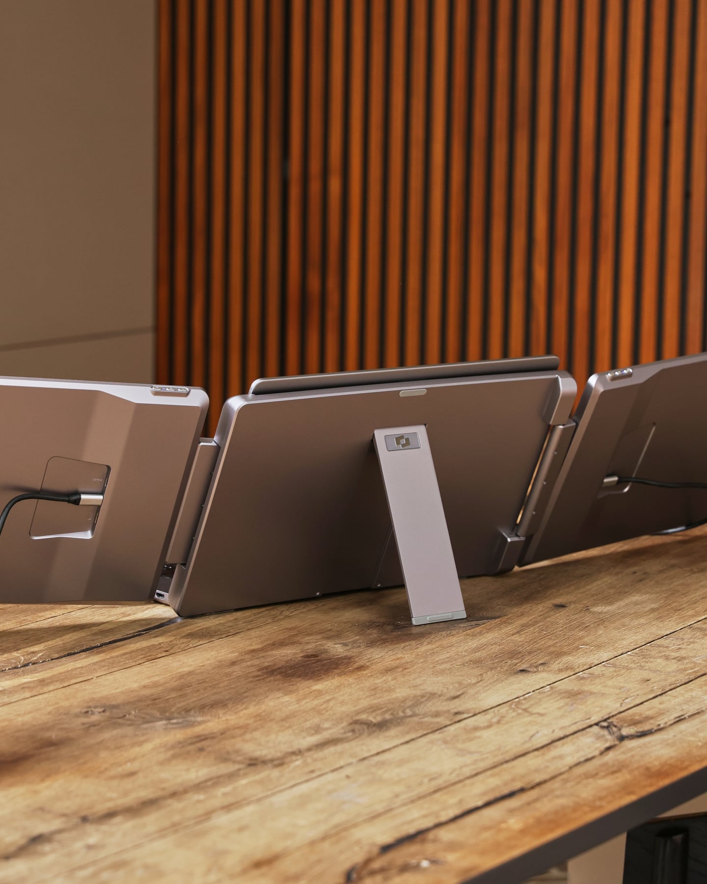Back of the gray Screenmate Flip with the stands unfolded